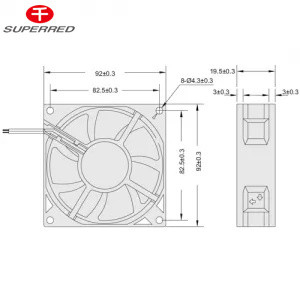 92x92x25mm DC ventilador de enfriamiento con 22-156 CFM flujo de aire y AWG26 alambre de plomo